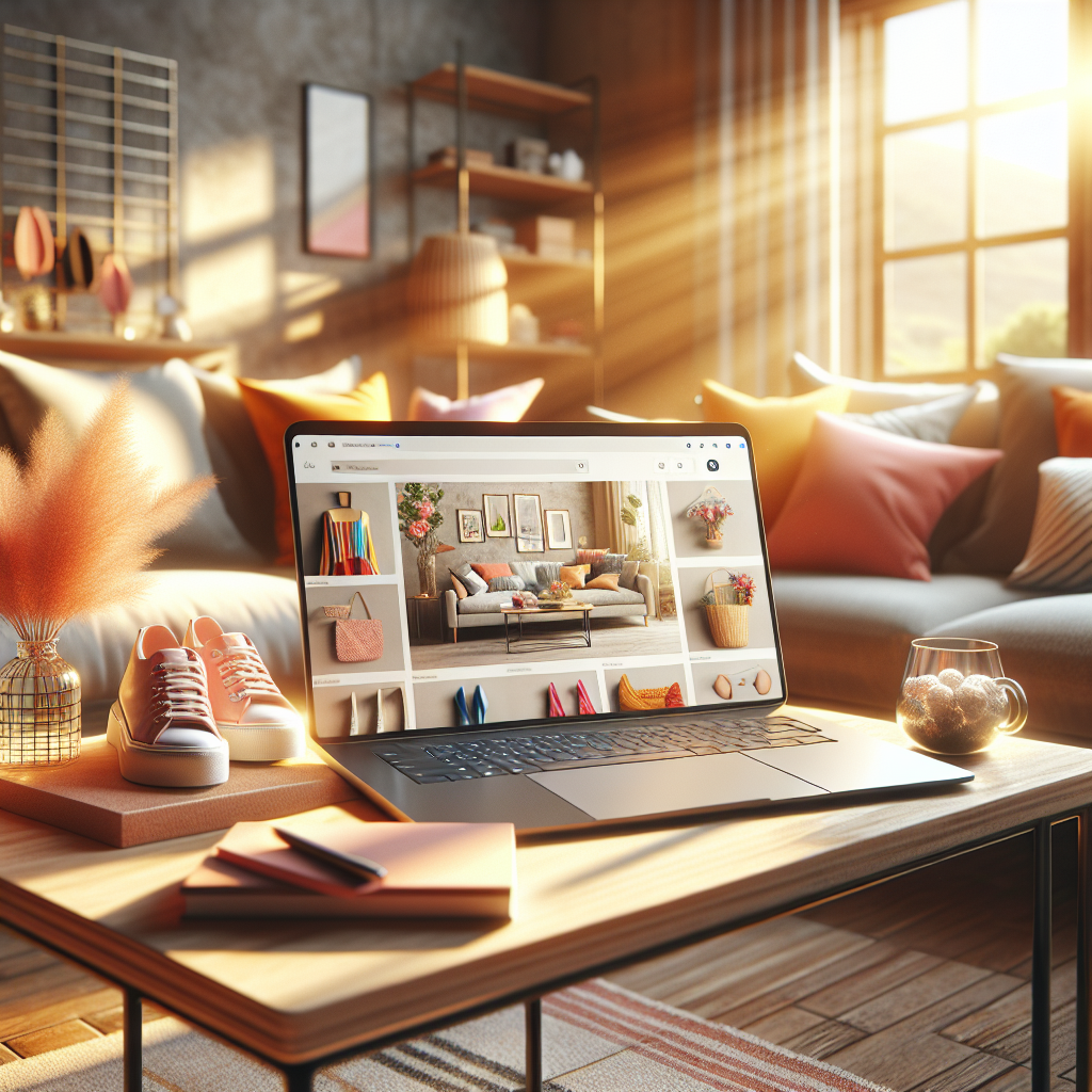 A cozy living room with a laptop on a coffee table, showcasing online shopping.