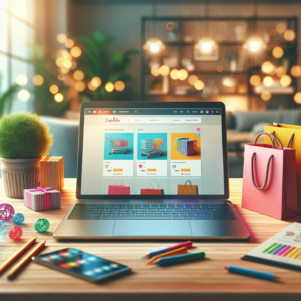 An online shopping experience scene with a laptop on a table, surrounded by shopping bags.