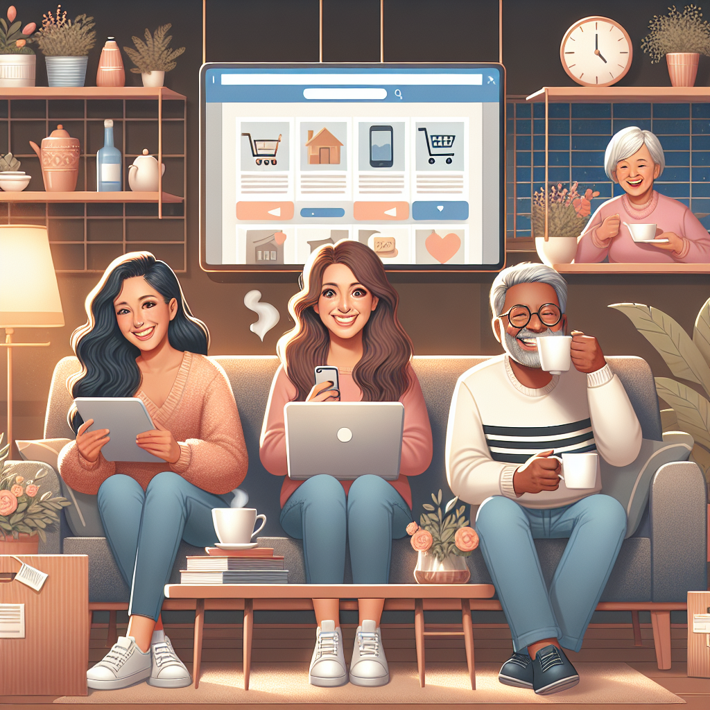 Diverse group of happy consumers engaging in online shopping from a cozy living room.