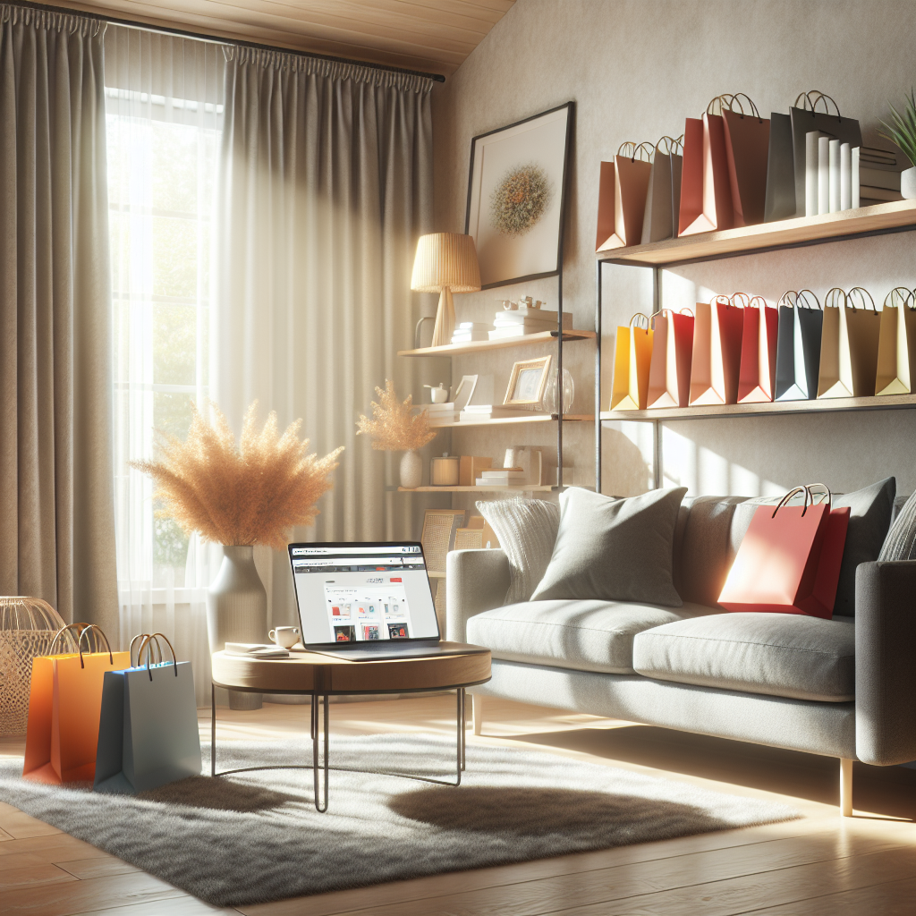 A cozy living room with a laptop open to an online shopping site, colorful shopping bags, and natural light.