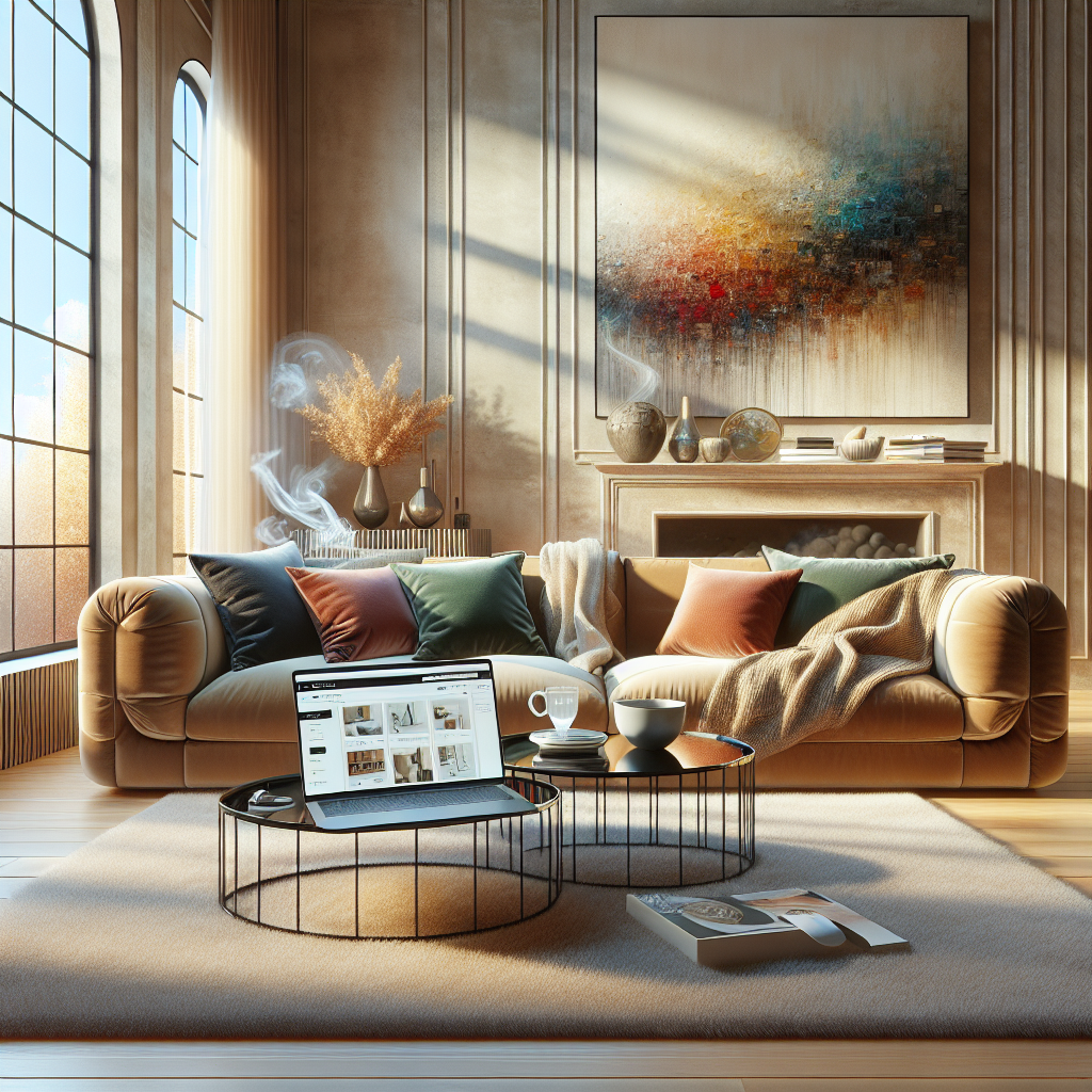 A cozy living room setting with a plush sofa, coffee table, laptop, and vibrant artwork, capturing the essence of online shopping convenience.