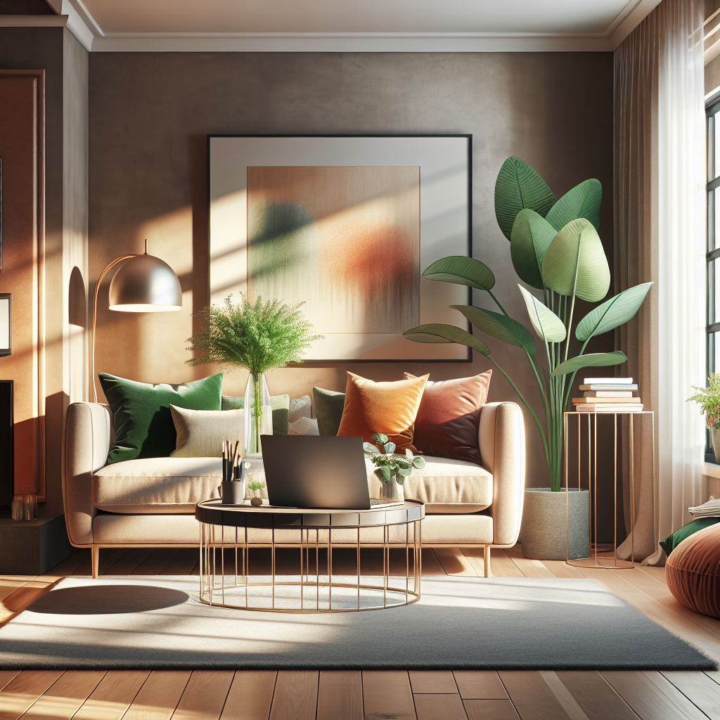 Cozy living room with a sofa, coffee table, laptop, and a window letting in warm light.