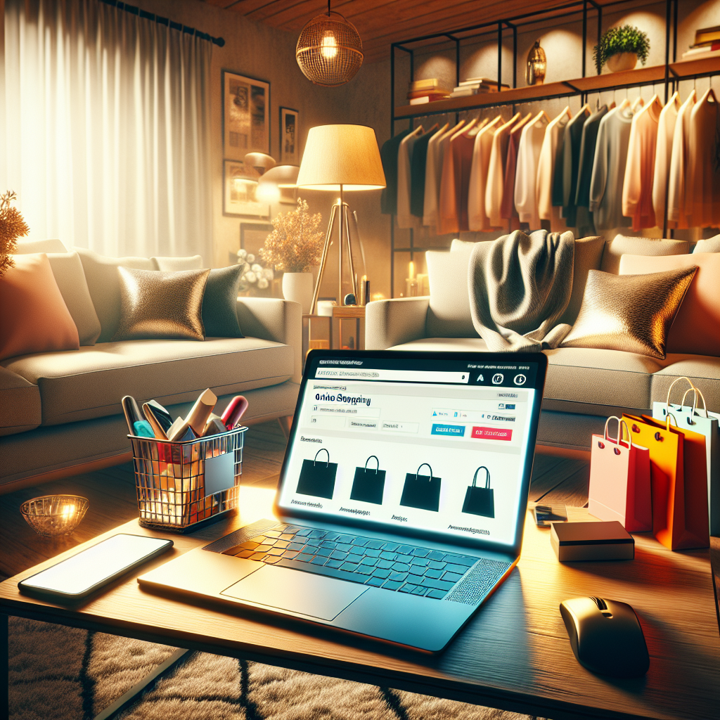 A cozy living room scene featuring a laptop with online shopping items around.