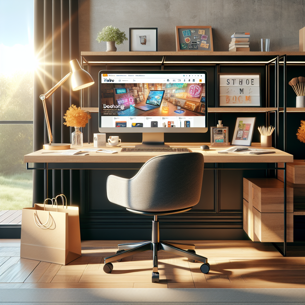 A cozy home office setup featuring a laptop displaying online shopping deals with a desk, chair, and shopping items.