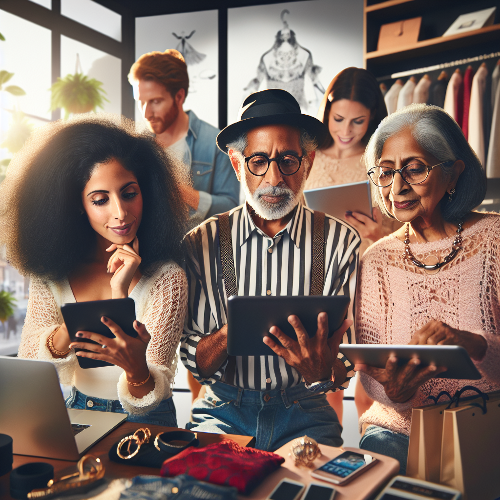 Different consumers engaging in online shopping on various devices in a bright room.