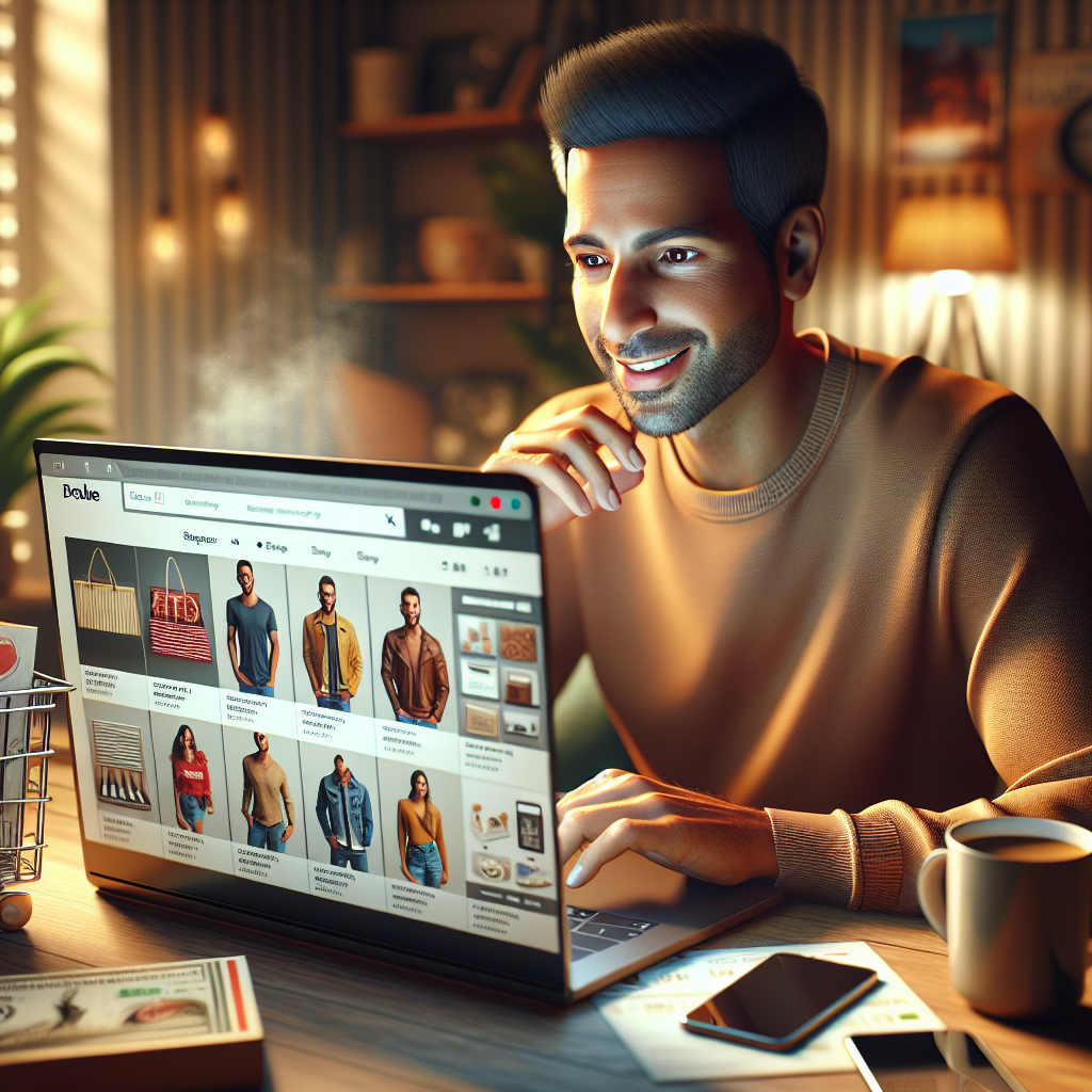 A person enjoying an online shopping experience on a laptop in a cozy room.