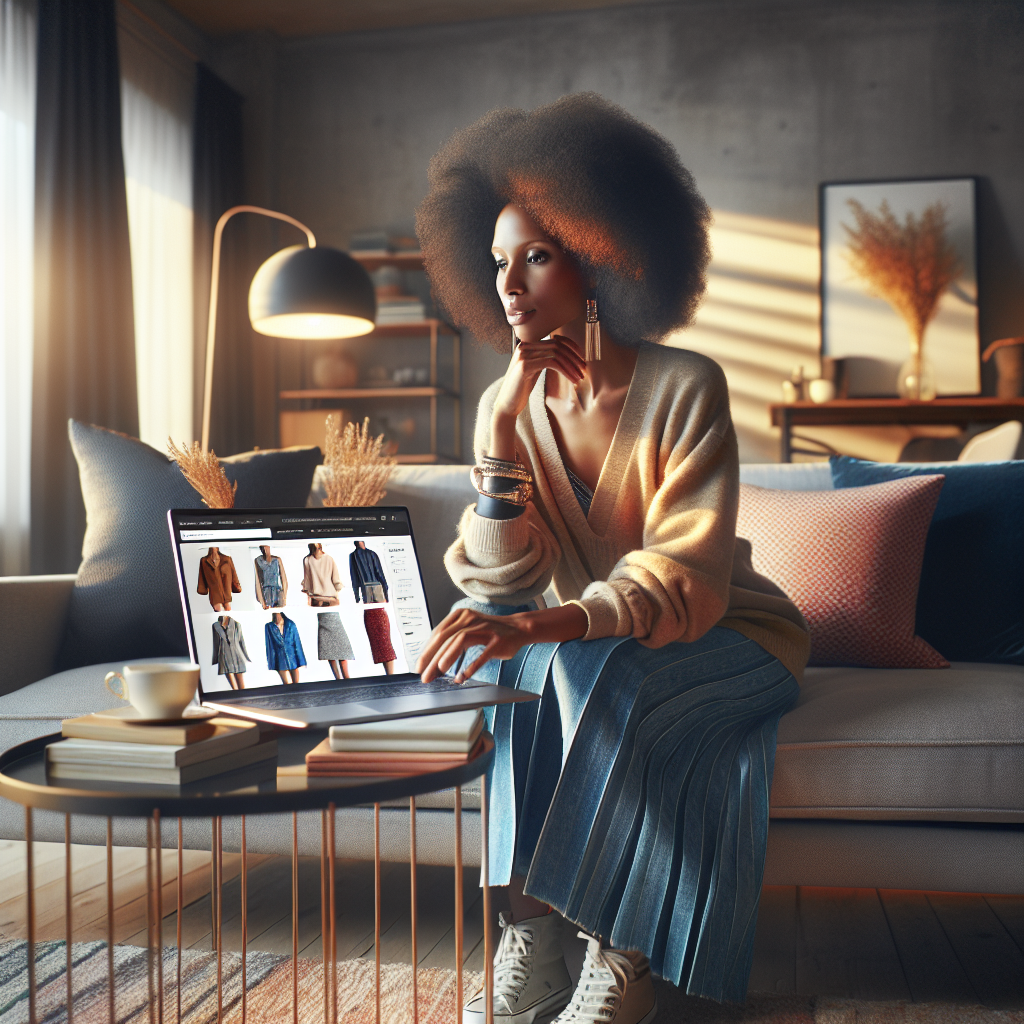 A woman browsing an online clothing store on her laptop in a cozy living room.