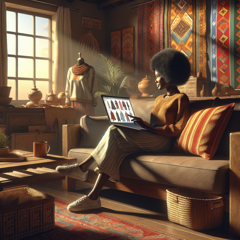 A woman browsing an online clothing store in a cozy South African living room.