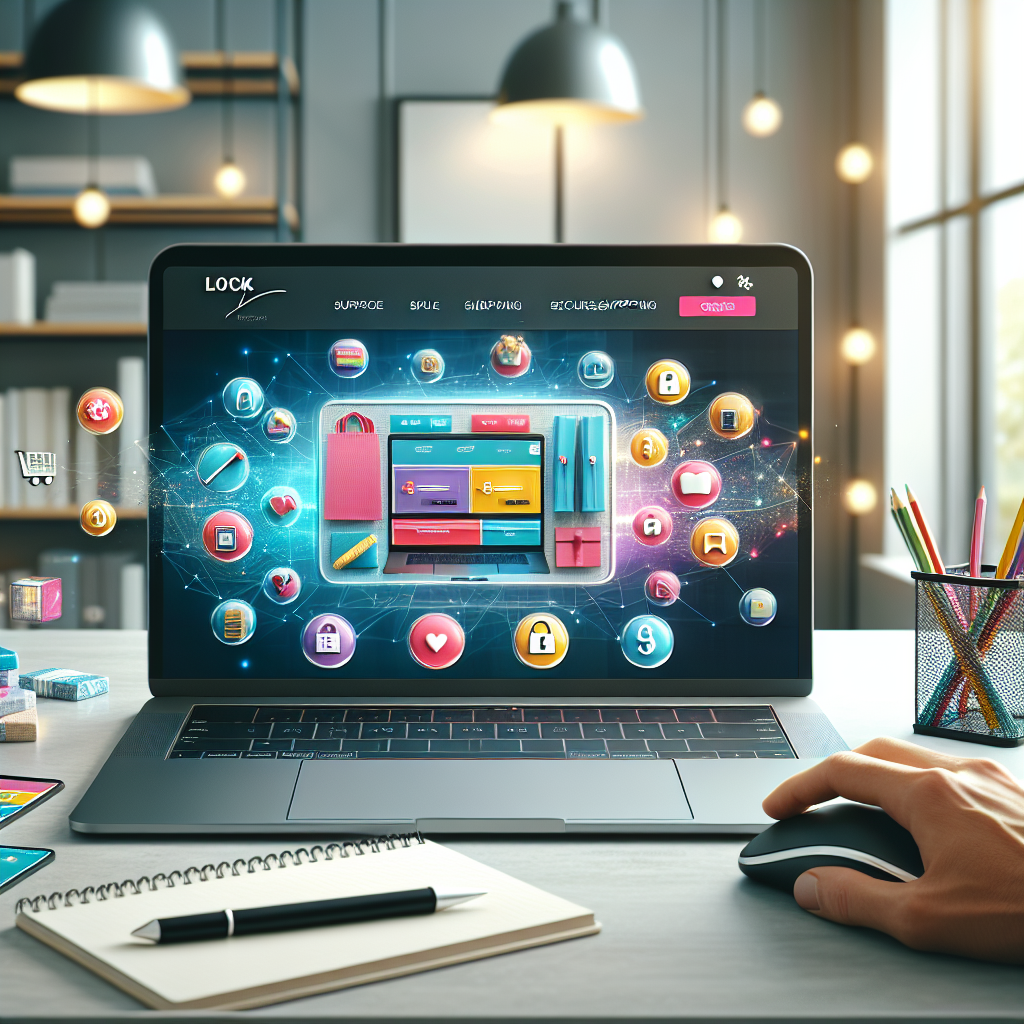 A laptop displaying a colorful online shopping interface on a modern desk.