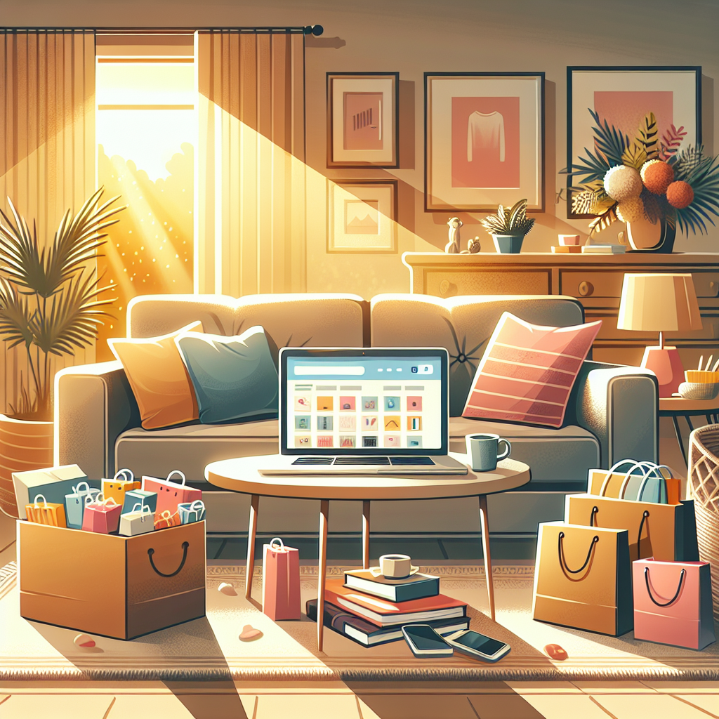 A cozy living room showing a laptop open to an online shopping site and shopping bags.