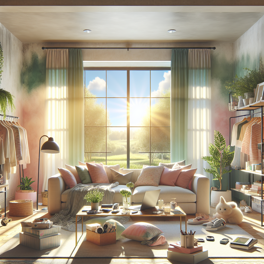 A cozy living room with a sofa, coffee table, and sunlight streaming through a large window.