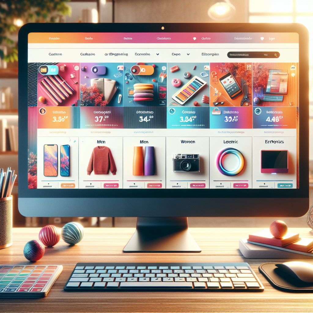 A vibrant online shopping website interface on a computer screen with clear navigation and product images.