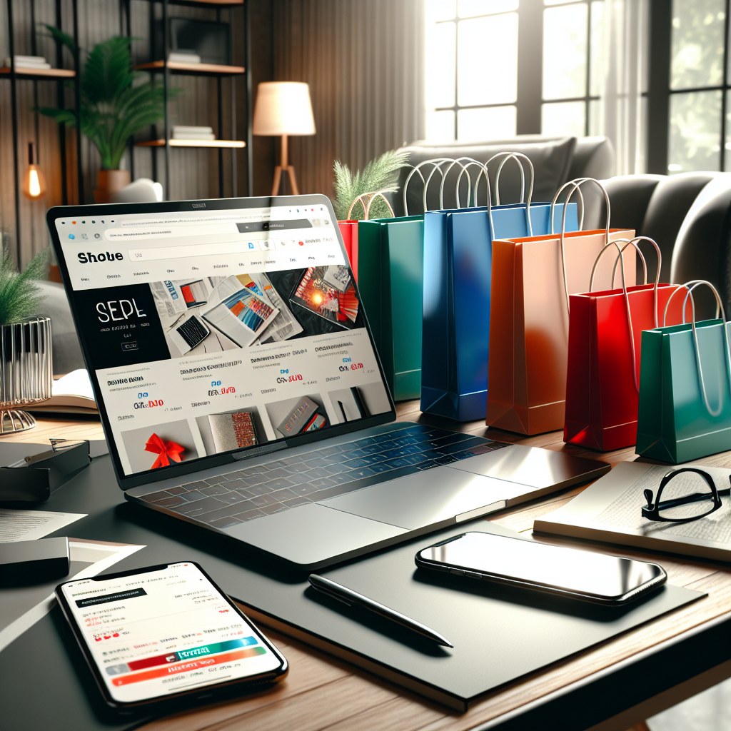 A modern workspace with a laptop, colorful shopping bags, and a smartphone, depicting an online shopping experience.