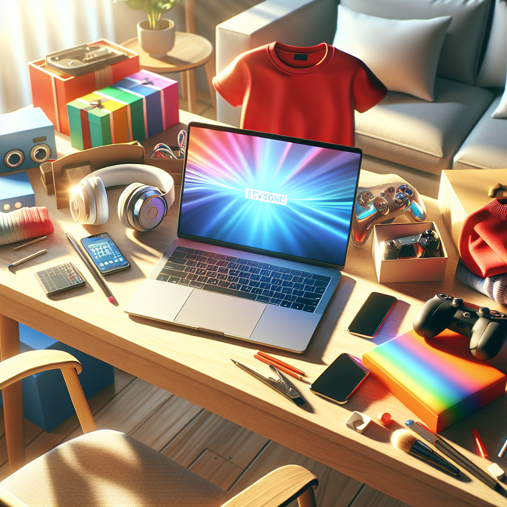 A stylish desk with an open laptop surrounded by colorful online shopping items.