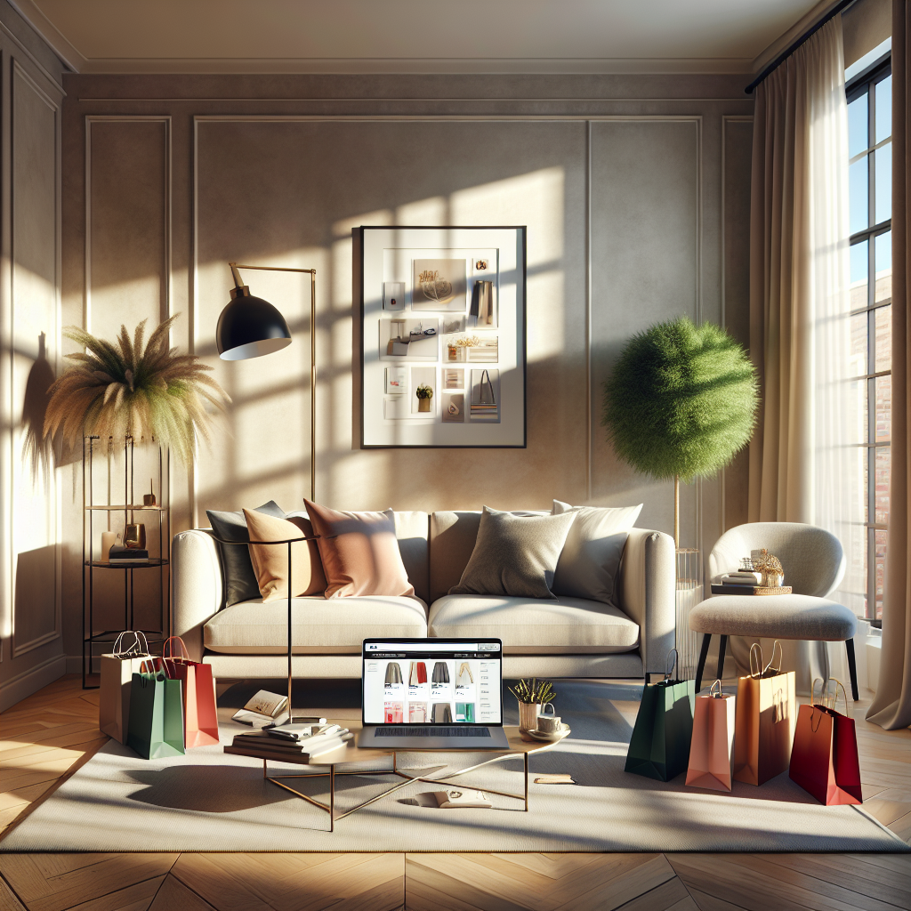 A cozy living room with a laptop on a coffee table, colorful shopping bags around, illuminated by natural sunlight.