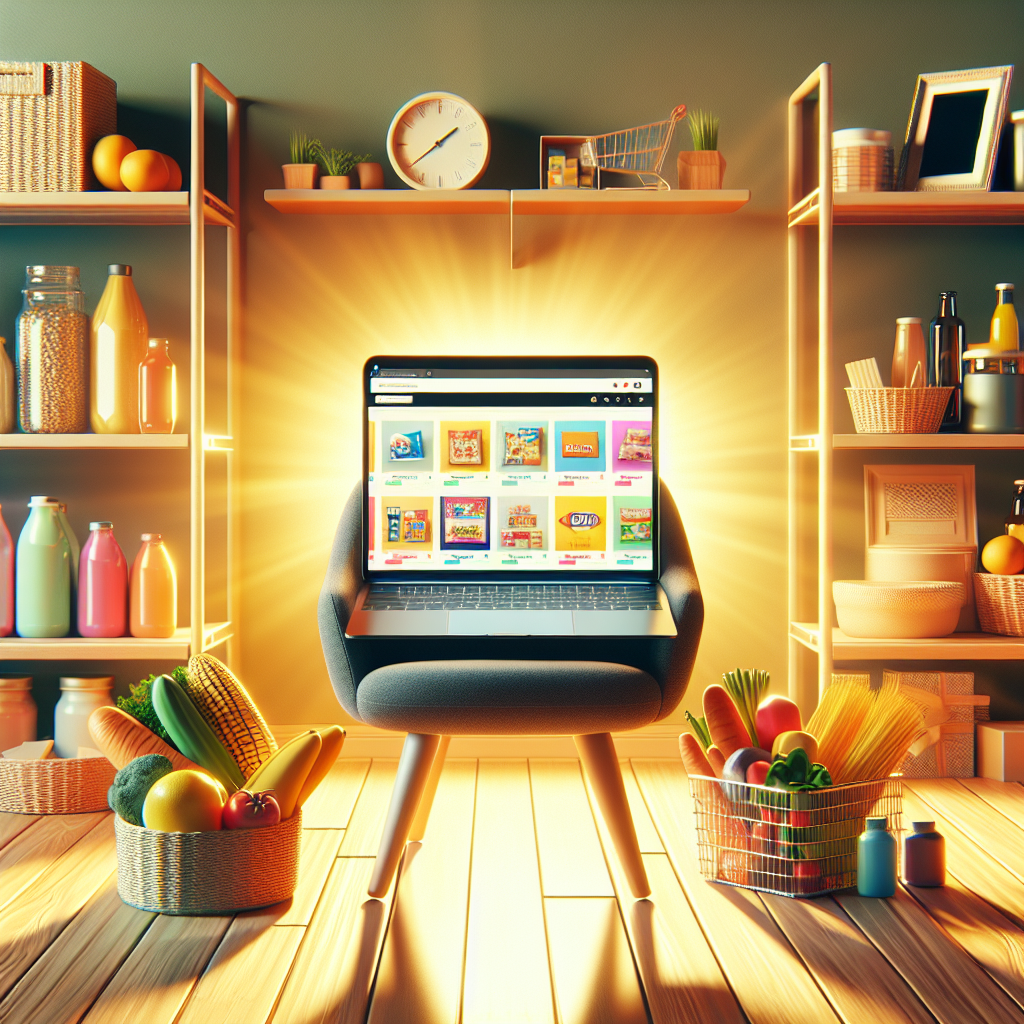 A modern online shopping scene with a laptop and displayed products.