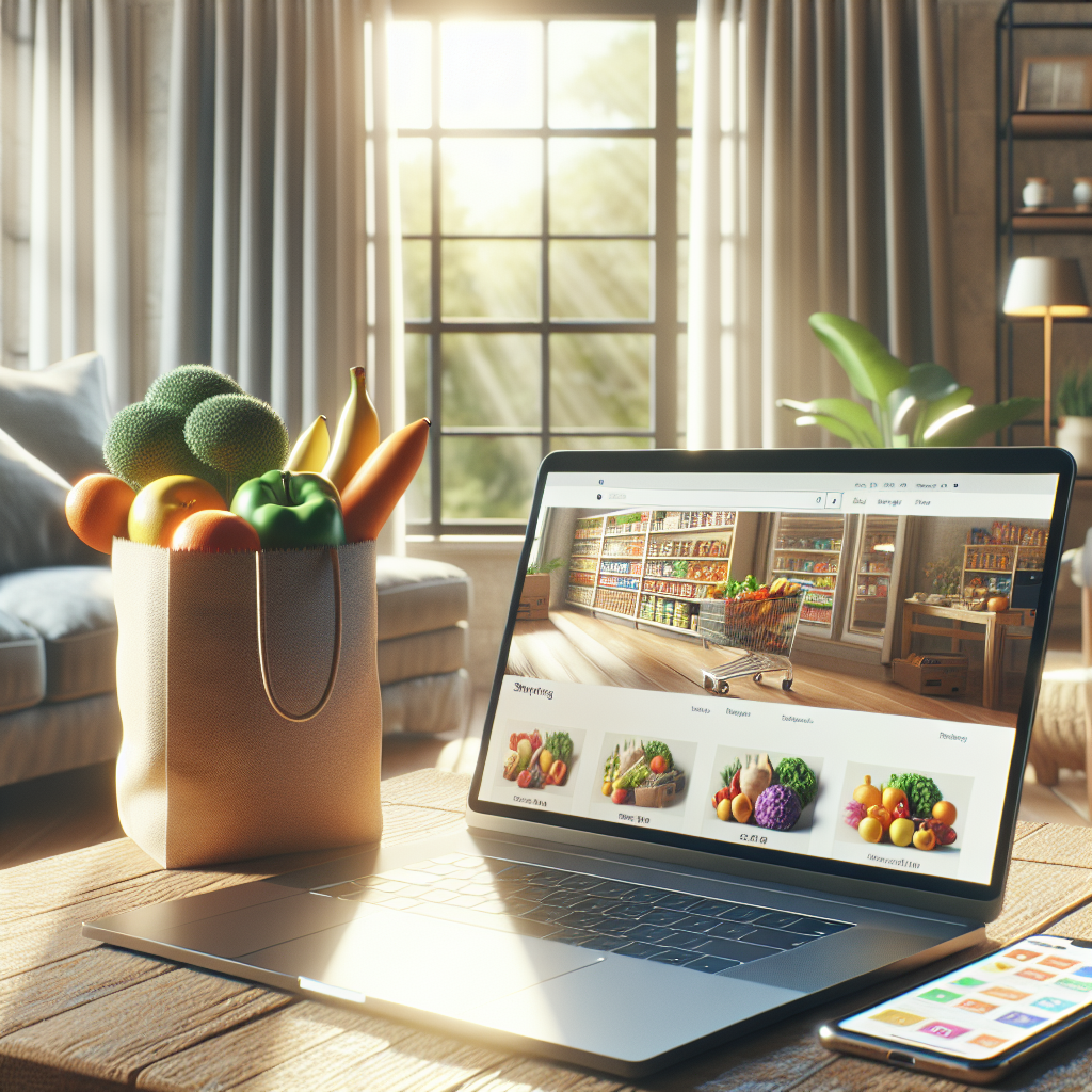 An inviting living room with a laptop showing NTUC Online Store and a grocery bag.