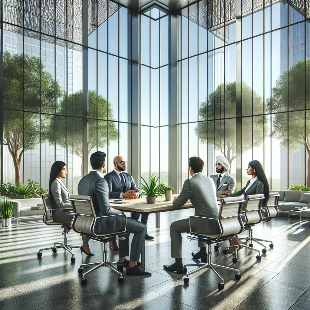 A modern corporate office with diverse professionals in discussion, showcasing a collaborative work environment.