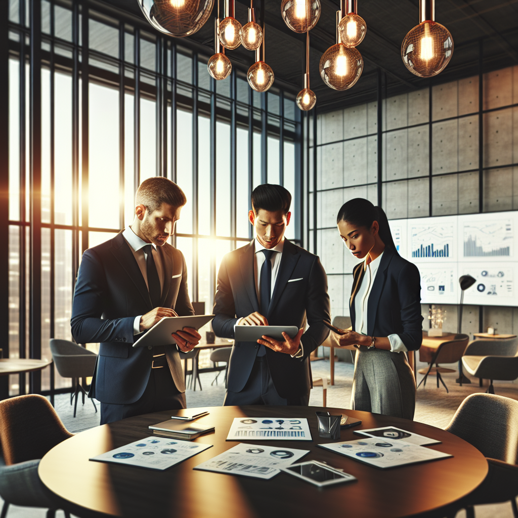 A modern office scene depicting professionals collaborating on business solutions.