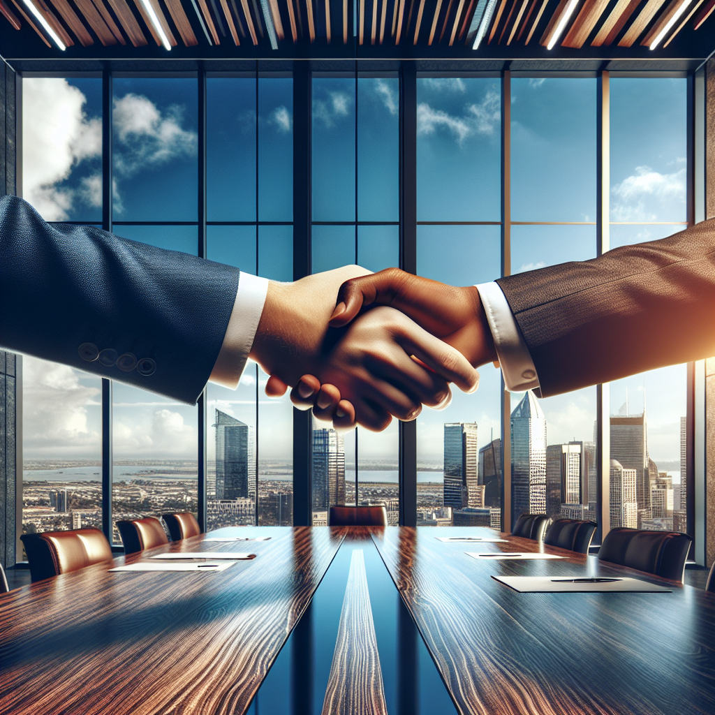 A handshake symbolizing business partnership in a modern office.