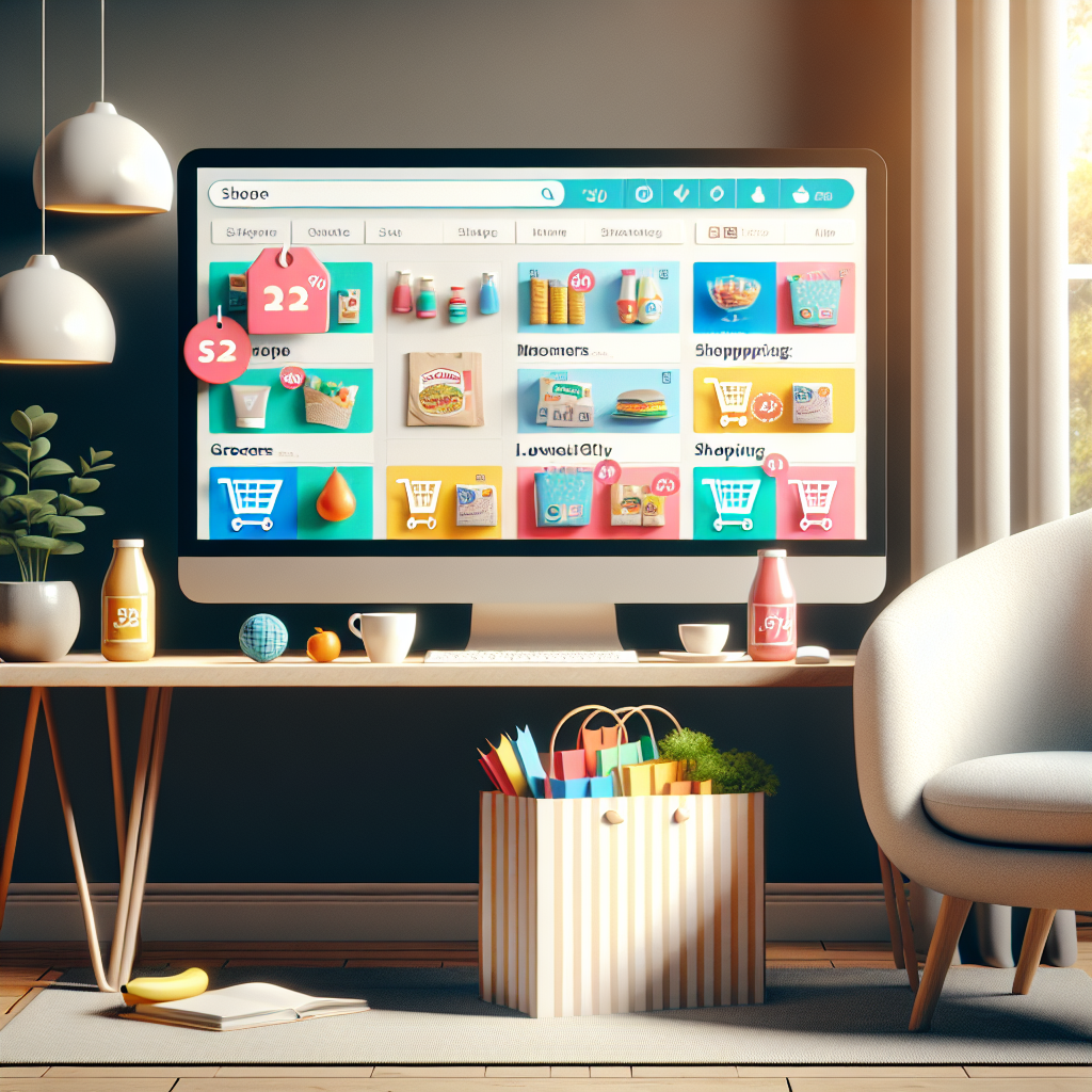 A modern online shopping interface displayed on a computer screen in a cozy living room.