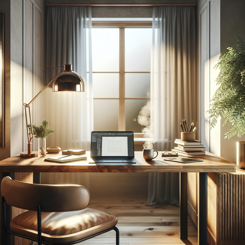 A cozy home workspace with a wooden desk, laptop, notepad, and coffee mug, featuring ambient lighting and a green plant.