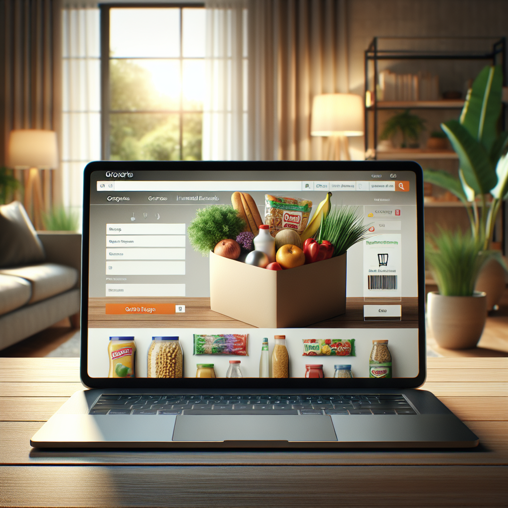 A modern online shopping setup with a laptop showing groceries and a cozy living room.