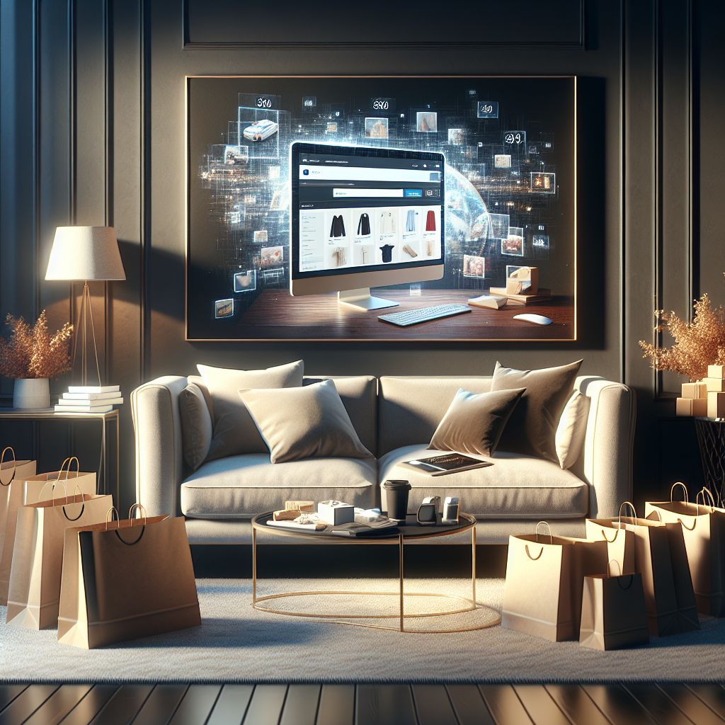 A cozy living room with a laptop displaying an online shopping website, surrounded by shopping bags and packages.