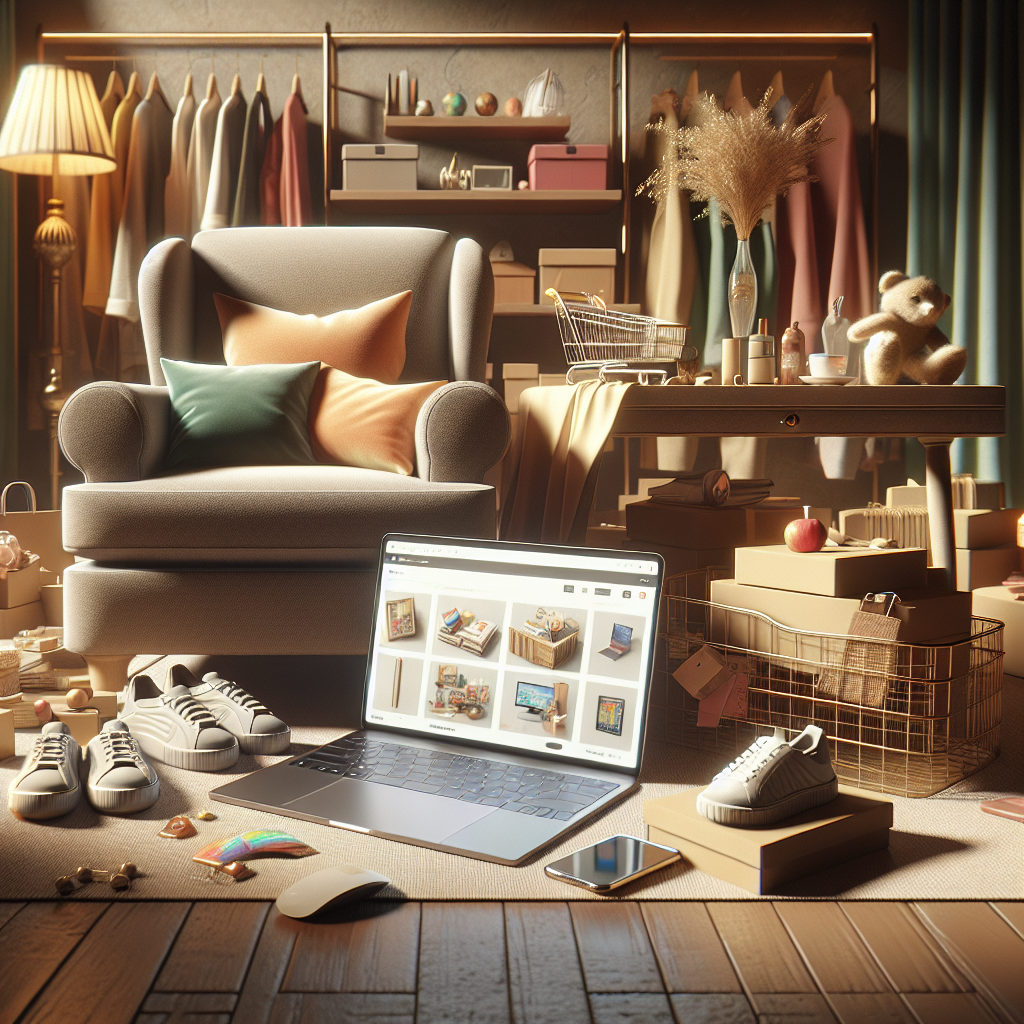 A cozy home environment illustrating online shopping benefits with a laptop and various products around.