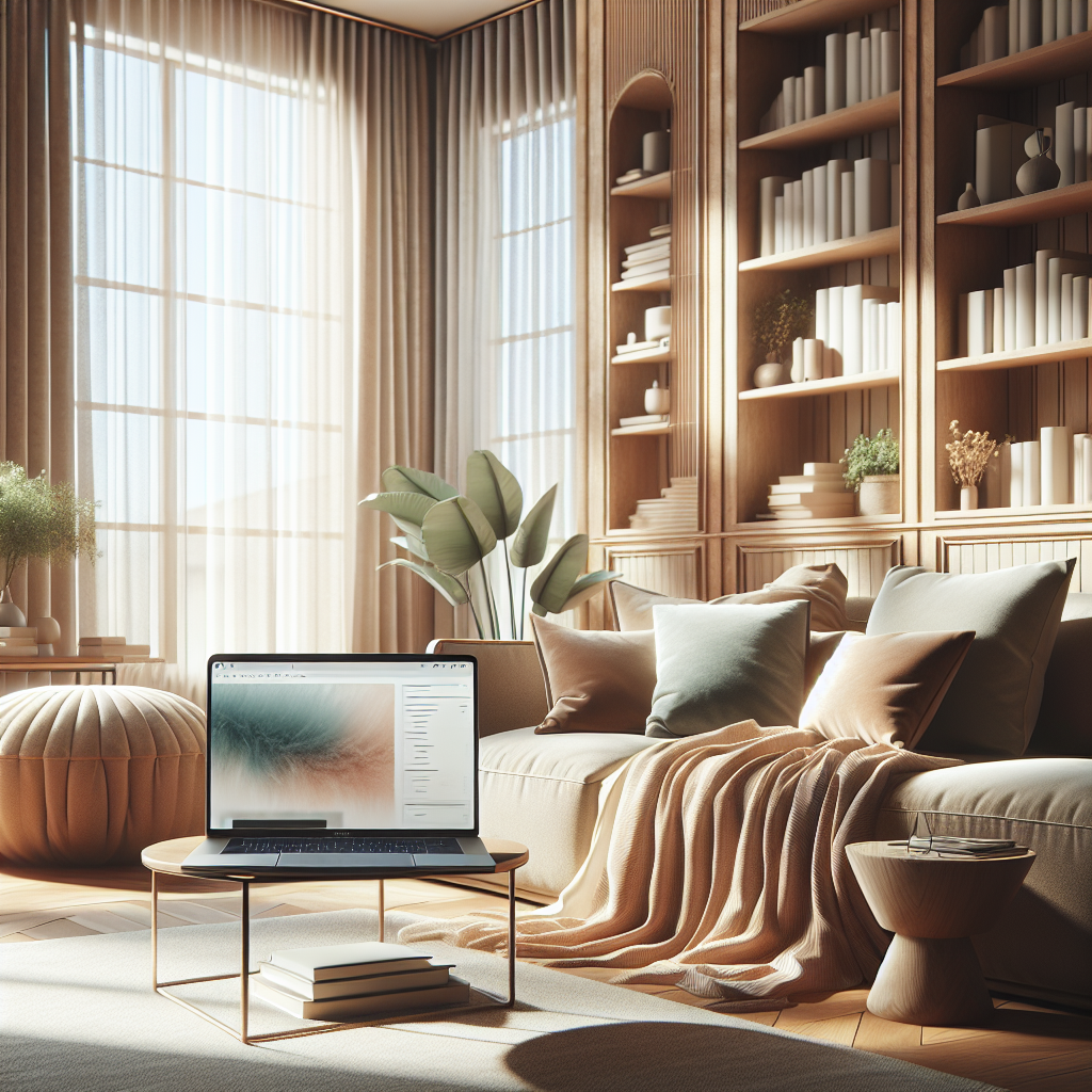 A cozy living room with a laptop showcasing online shopping, warm colors, and natural light.