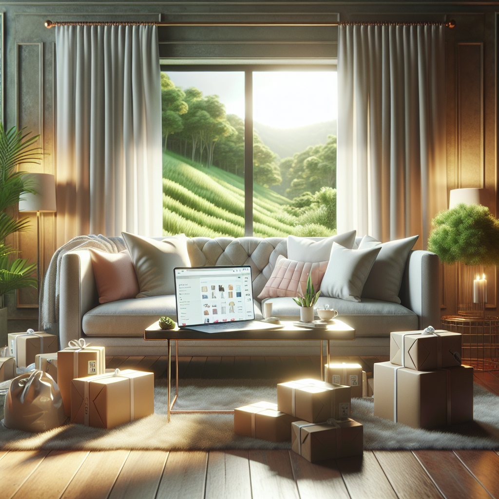 A cozy living room with shopping packages, a laptop, and a warm atmosphere.