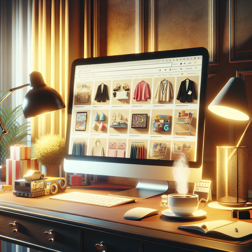 A cozy workspace featuring a computer screen displaying an online store with various colorful products.