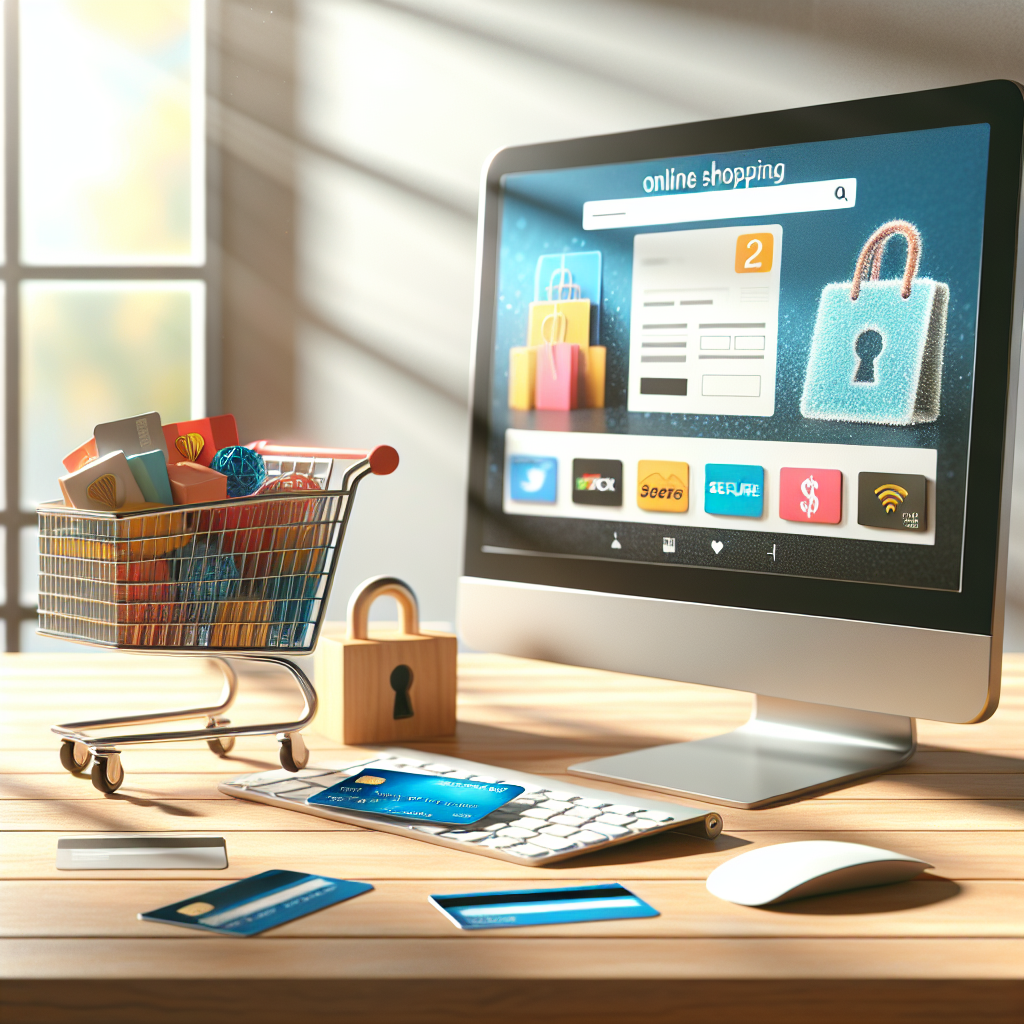 A computer displaying an online shopping interface with various shopping items on a desk.