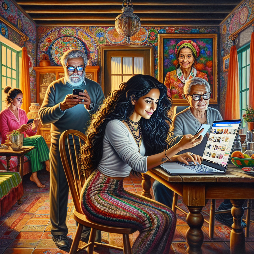 A group of diverse people shopping online at home, featuring a young Hispanic woman and an older Caucasian man.