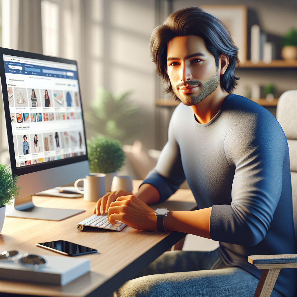 A person shopping online at a computer desk, surrounded by a modern workspace.