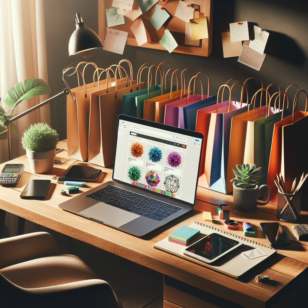 A cozy home office setup for online shopping with a wooden desk, laptop, shopping bags, and a potted plant.