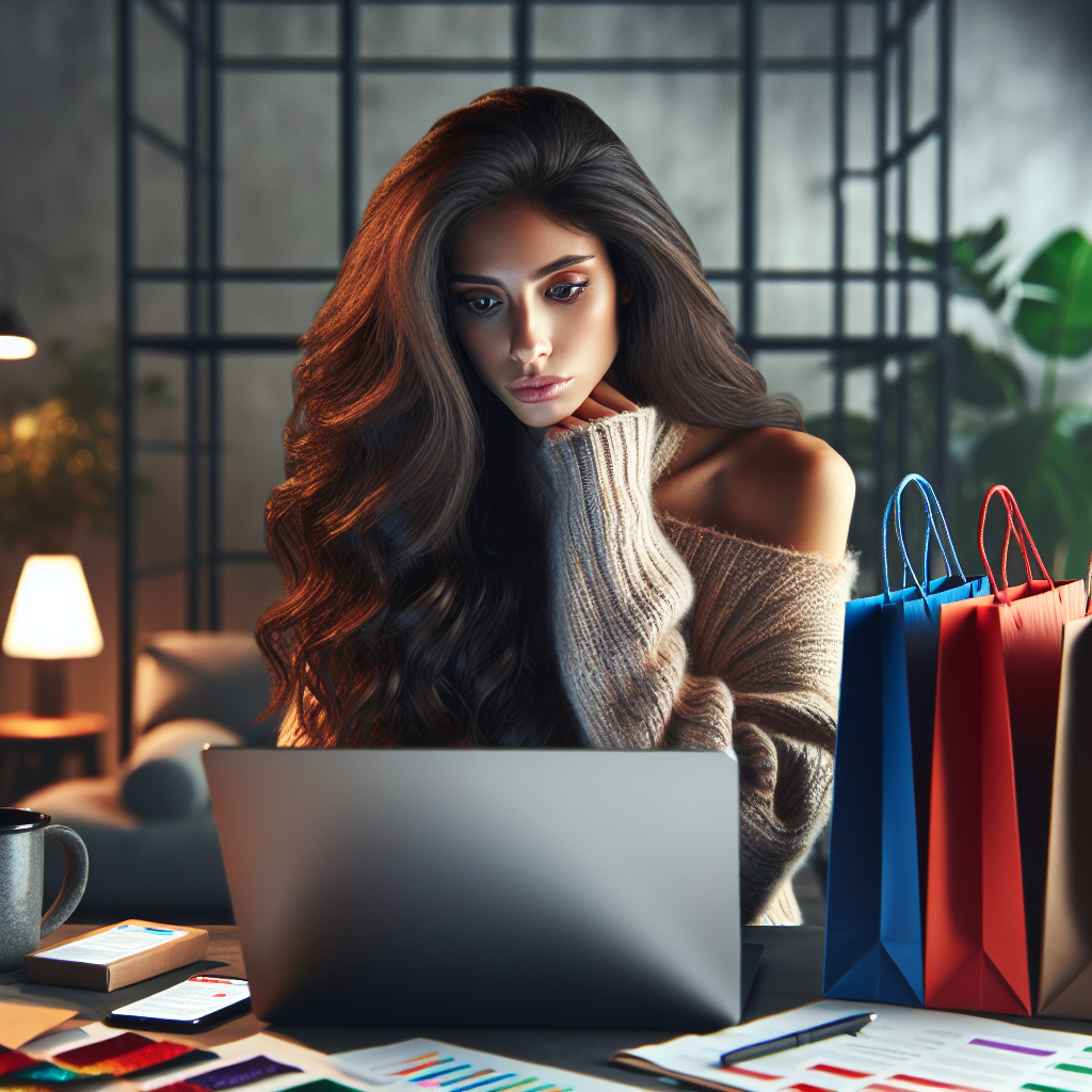 A woman browsing online shopping deals in a cozy home office setting.