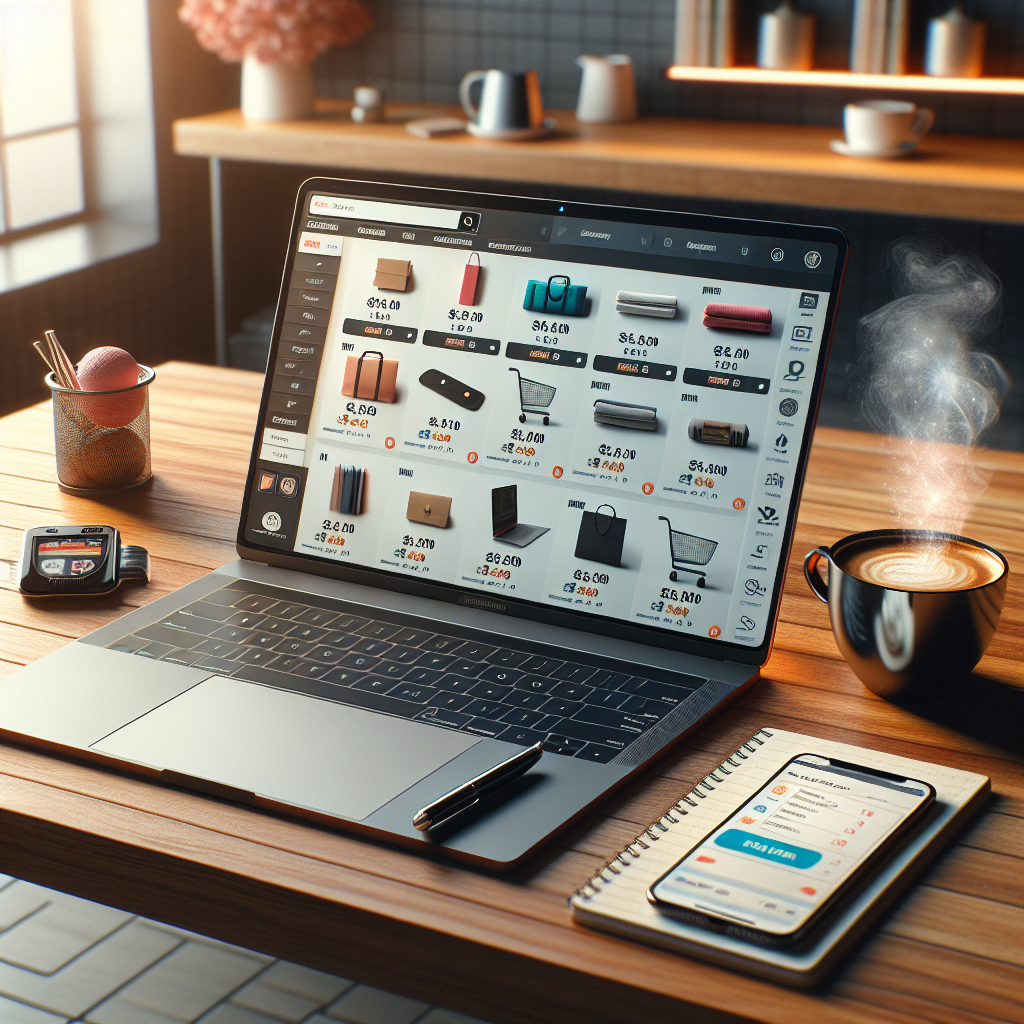 A laptop on a desk displaying online shopping websites with a smartphone and a cup of coffee.