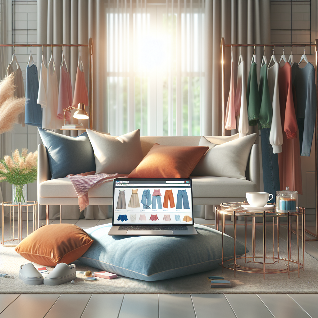 A cozy online shopping scene in a modern living room with a laptop and stylish clothing.