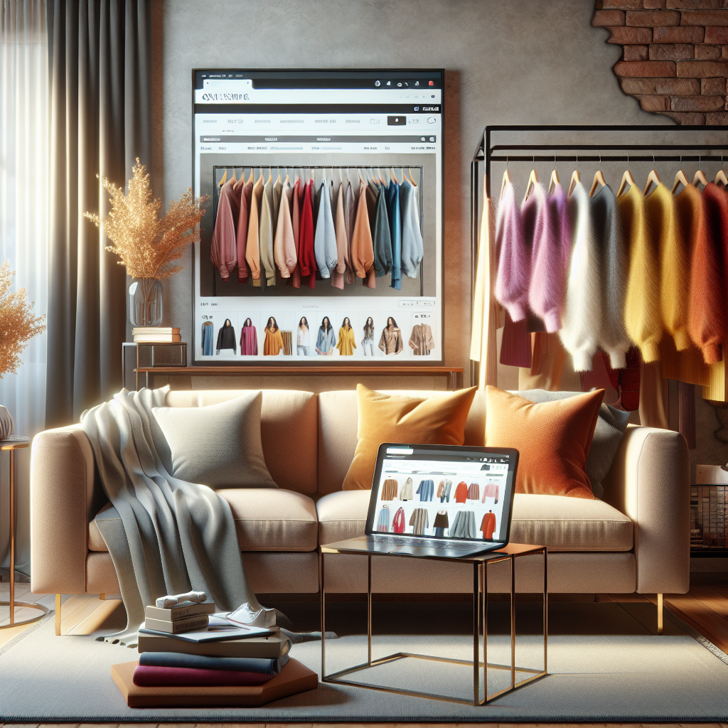 A cozy living room with a laptop and stylish clothes representing online shopping.