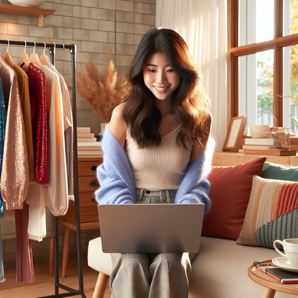 A woman browsing clothes online in a cozy living room.