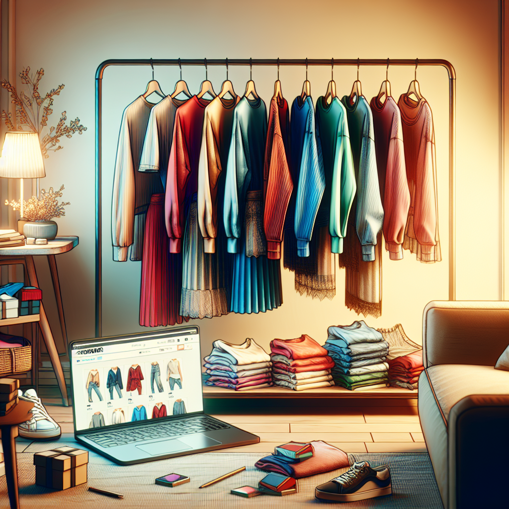 An online shopping scene for clothes with a selection of stylish apparel and a laptop in a cozy setting.