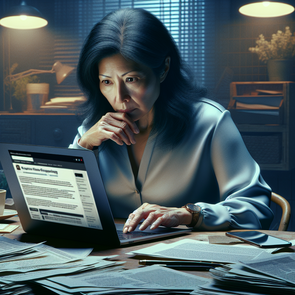 A concerned Asian woman shopping online at a desk, depicting online security risks.