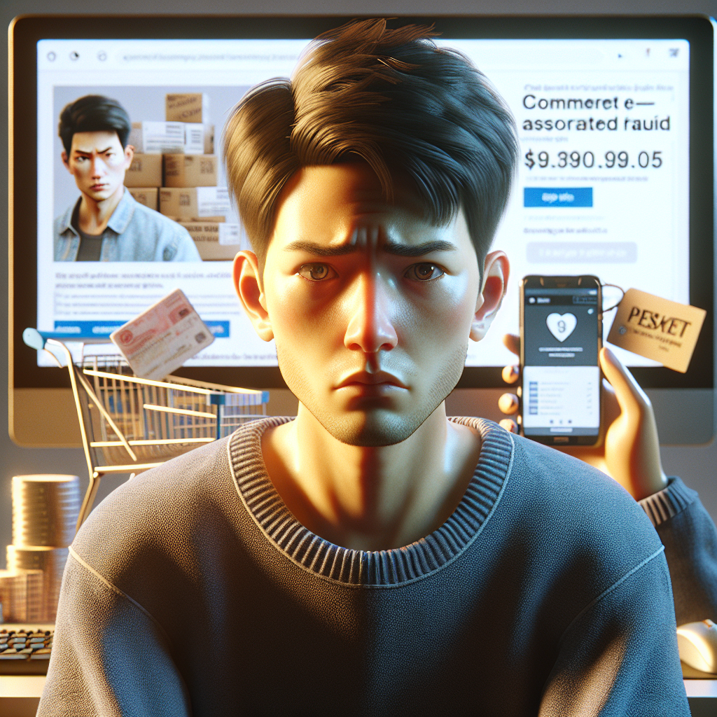 A person looking frustrated at a computer screen showing a fake online shopping site, with signs of online scams around.