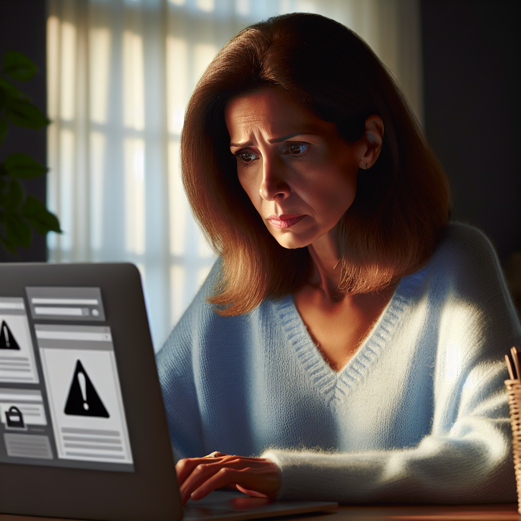 A worried shopper looking at a laptop showing images of online shopping scams.