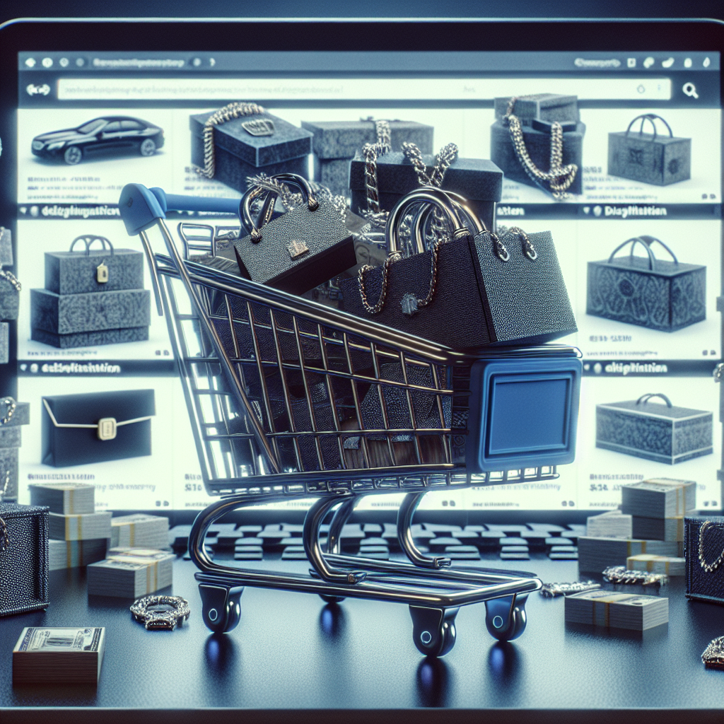 An illustration depicting the dangers of online shopping scams with a digital shopping cart full of counterfeit products.