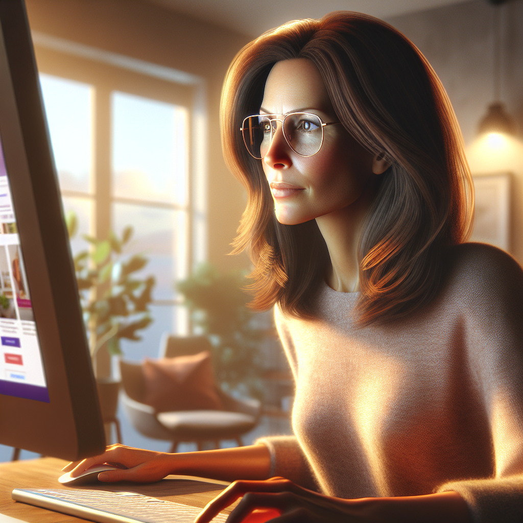 A woman shopping online at a computer in a cozy room.