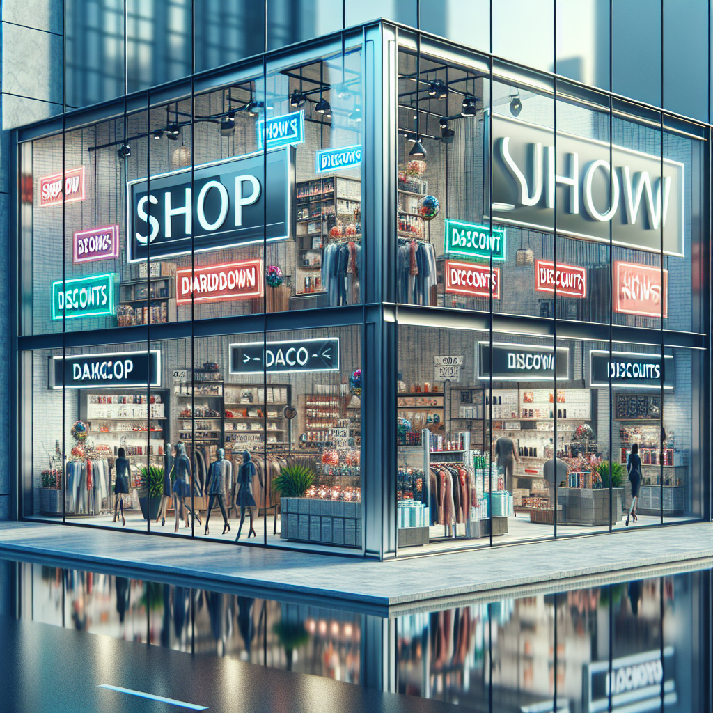 Shop with 'Shop Now' and 'Discounts' banners displayed in the windows.