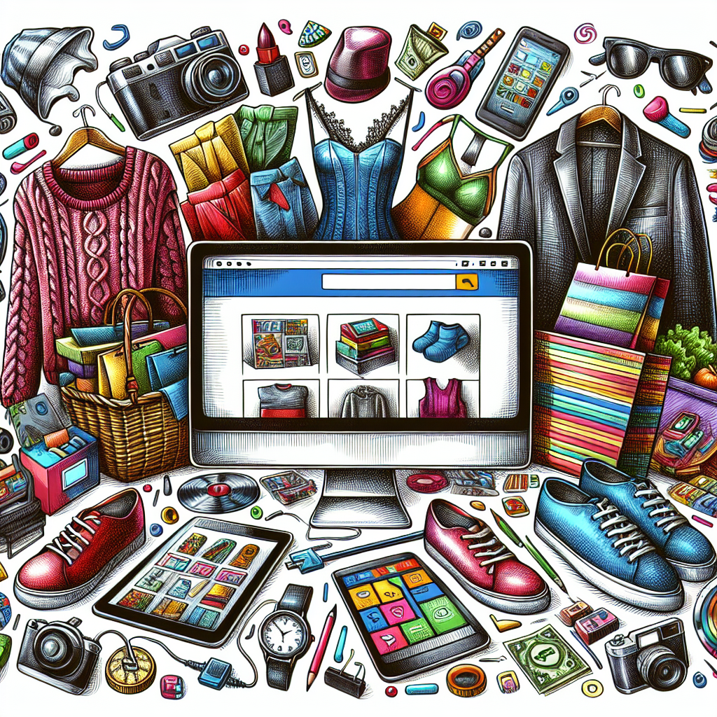 A realistic image of an online shopping scene with a computer or smartphone displaying an e-commerce website and various shopping items around it.