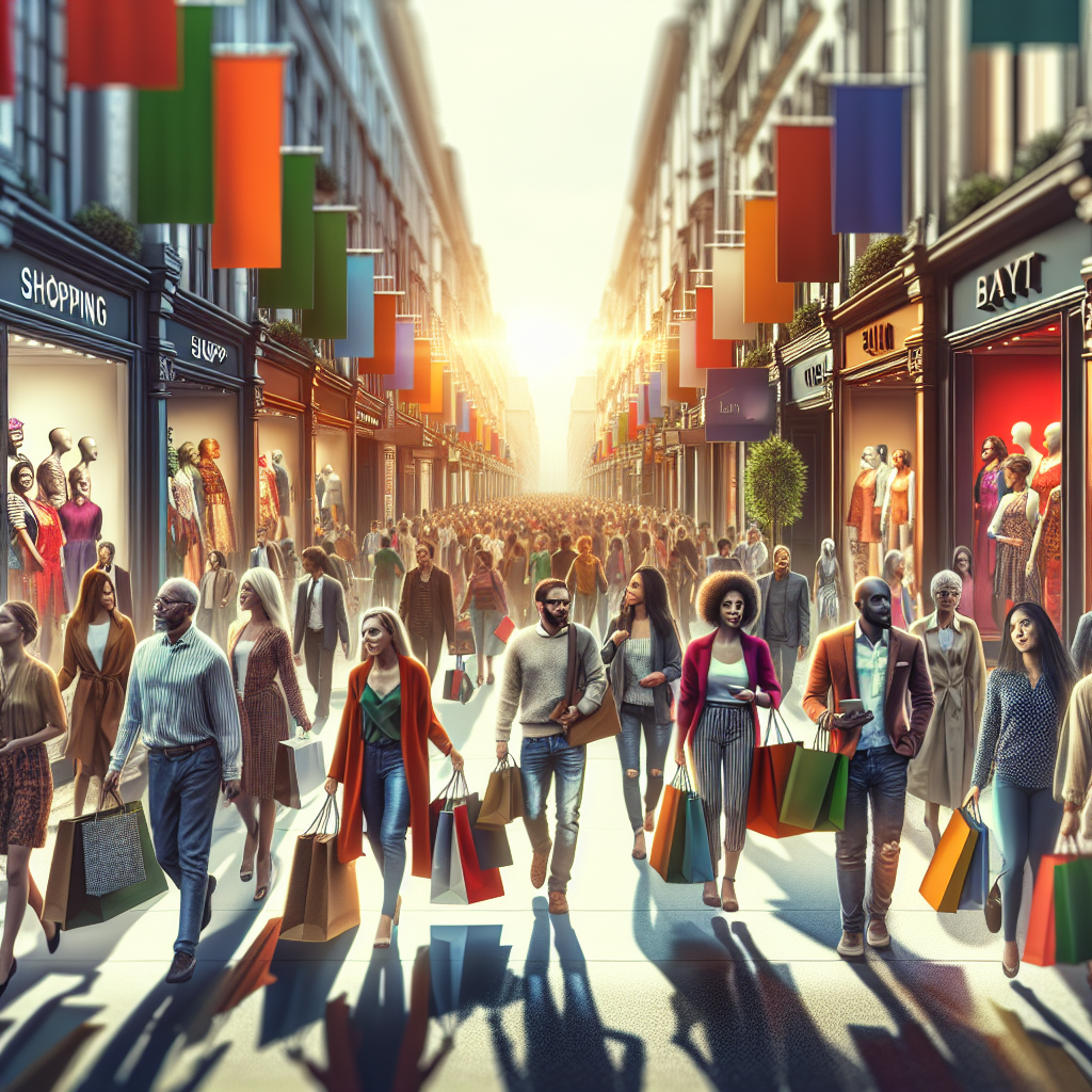 A bustling shopping street with colorful storefronts and signs, people browsing and carrying shopping bags.